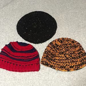 Handmade Crocheted Beanie Hat Lot of 3 Black Red Orange Winter Caps BoHo